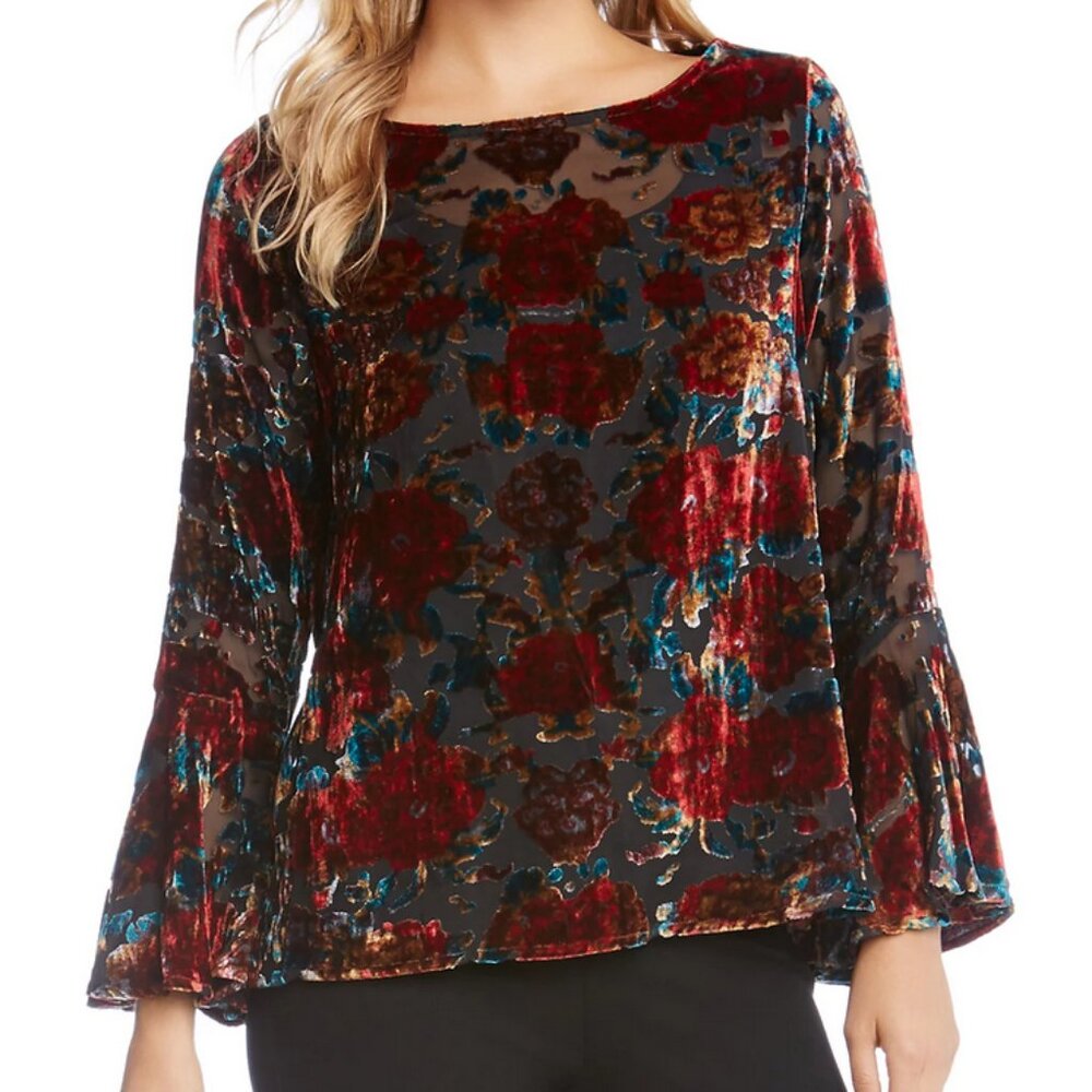 Karen Kane Burnout Velvet Semi Sheer Blouse Top with Bell Flared Sleeves Floral